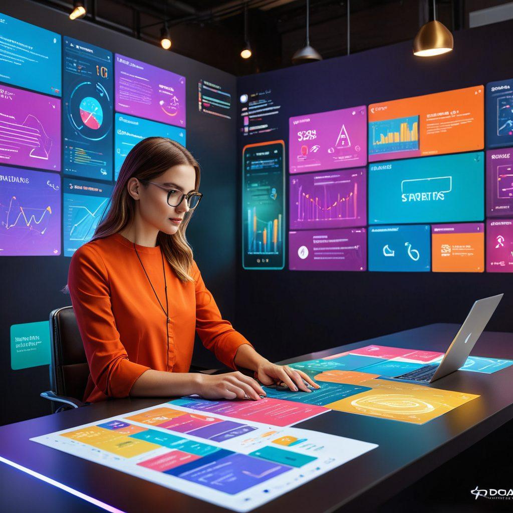 A dynamic scene featuring a designer working on a sleek electronic card interface surrounded by vibrant digital marketing graphs and colorful card designs floating in the air. The workspace is modern and tech-driven, with screens displaying analytics and creative layouts, symbolizing innovation in card marketing. Bold colors and futuristic elements enhance the visual appeal. super-realistic. vibrant colors. modern style.